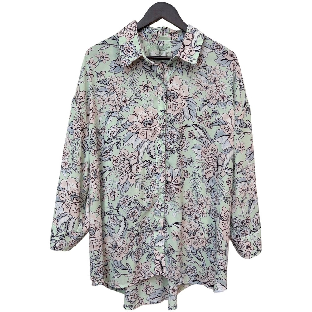 Wms Plus Size 1X Floral Button Down Shirt Mint Green Oversized Tunic Cottagecore